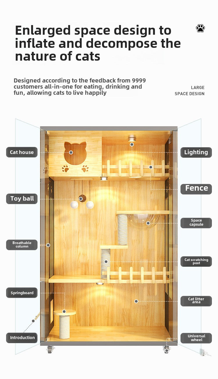 Large household indoor solid wood cat nest integrated double-layer wooden large cat villa panoramic balcony cat house