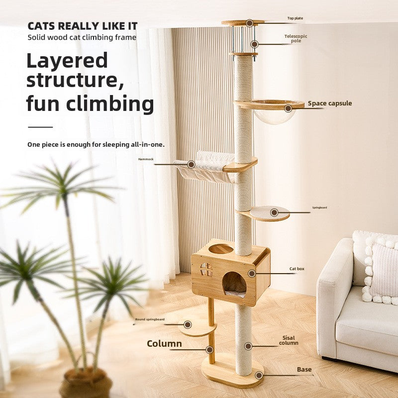 Solid wood cat climbing frame, cat nest, cat tree integrated household does not occupy an area, cat jumping platform, space capsule, sky pillar, universal in all seasons