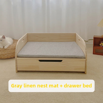 Drawer wooden bed, pet solid wood bed, cat nest removable and washable canvas, all-season wooden bed, can store storage