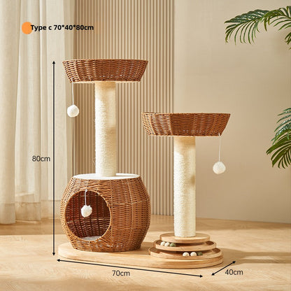 Solid wood cat climbing frame cat tree integrated household space capsule PE rattan cat nest sisal cat frame cat jumping platform cat supplies