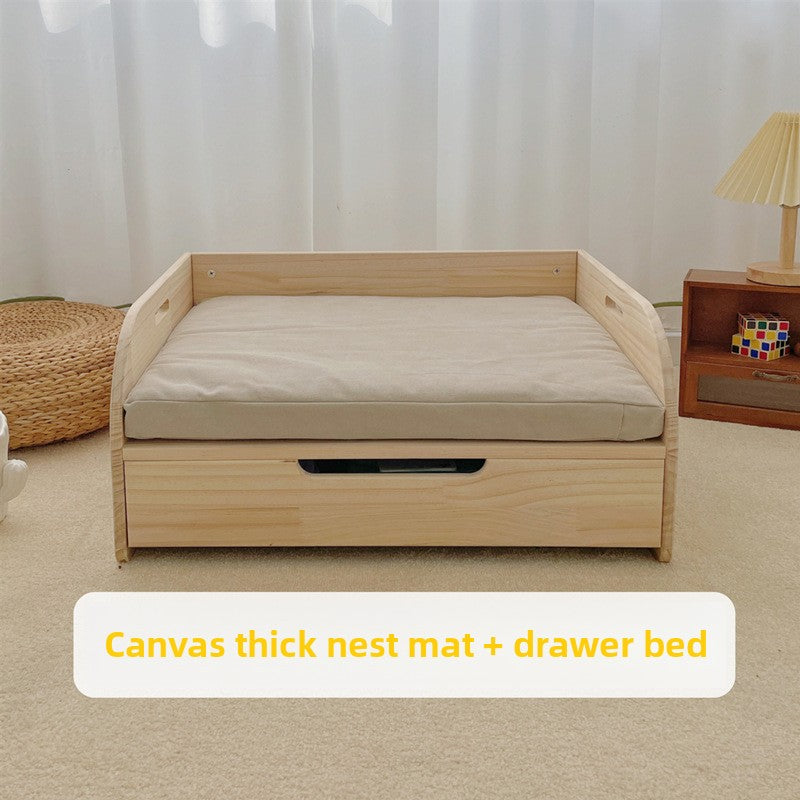 Drawer wooden bed, pet solid wood bed, cat nest removable and washable canvas, all-season wooden bed, can store storage