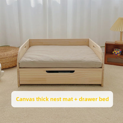 Drawer wooden bed, pet solid wood bed, cat nest removable and washable canvas, all-season wooden bed, can store storage