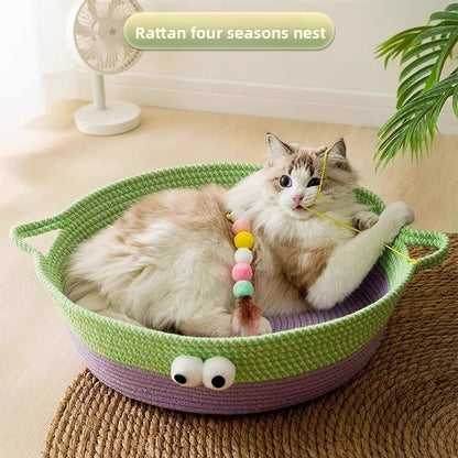 Four Seasons Cat Dopamine Big Eyes Moe Rattan Cotton Rope Cat Nest Four Seasons Universal Kennel Pet Cool Summer Cat Nest